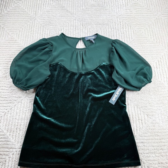 Modcloth Tops - ModCloth Velvet Mixed Media Top Women's Small Green Puff Sleeve Holiday Romantic